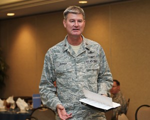 Brig. Gen. David C. Uhrich, USAF, director of communications, Headquarters Air Combat Command, Joint Base Langley-Eustis, Virginia, addresses the chapter in January.